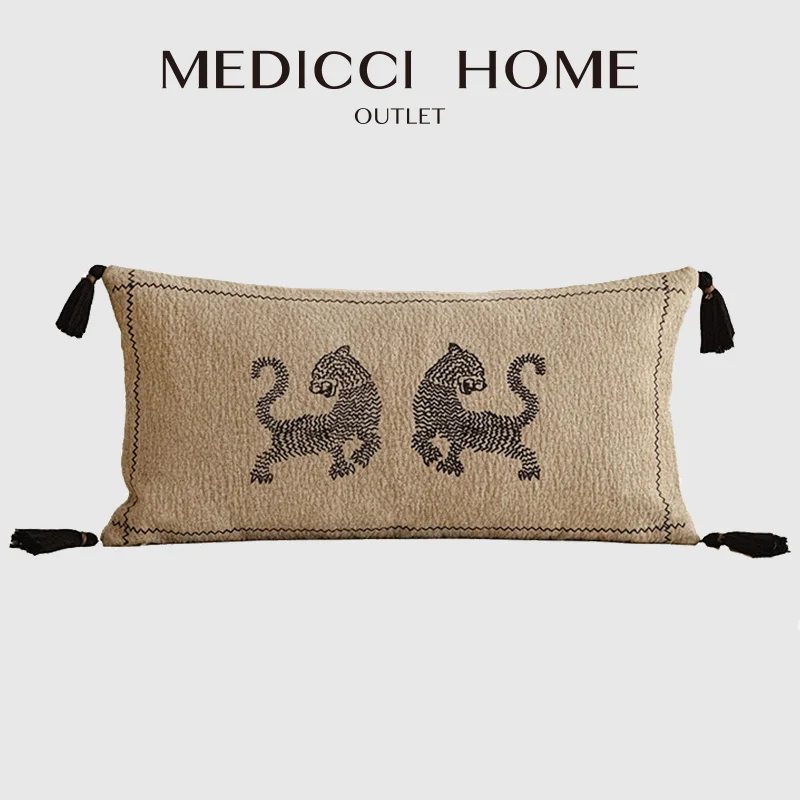 Medicci Home Indoor Outdoor Foo Dog Embroidered Pillow Cover In Taupe Luxury Cushion Case For Bedroom Lounge Living Room Decor