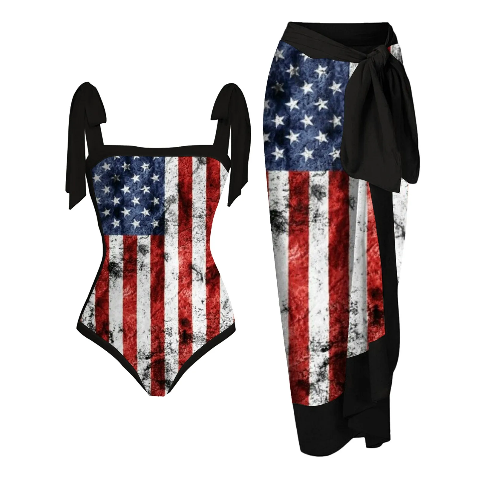 Independence Day For Women's American 4 Of July Print 1 Swimwear+1 Cover UP Two Vintage Print Swimsuit Monokini Dress Shorts