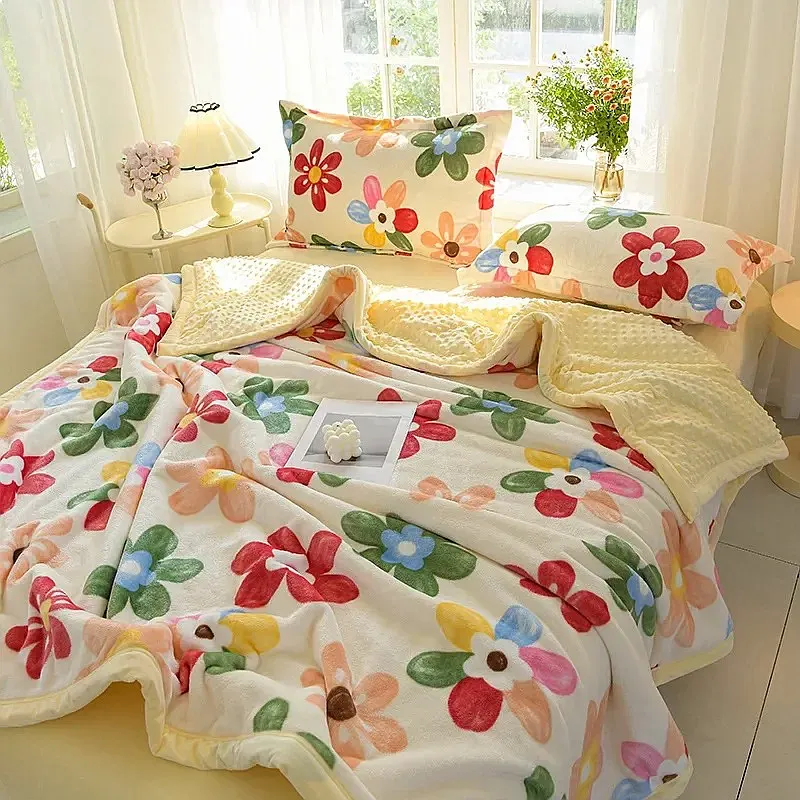 Three-Layer Milk Fleece Blanket, Warm Cozy Plush Blanket for Sofa Bed Office Nap, Single Double Size