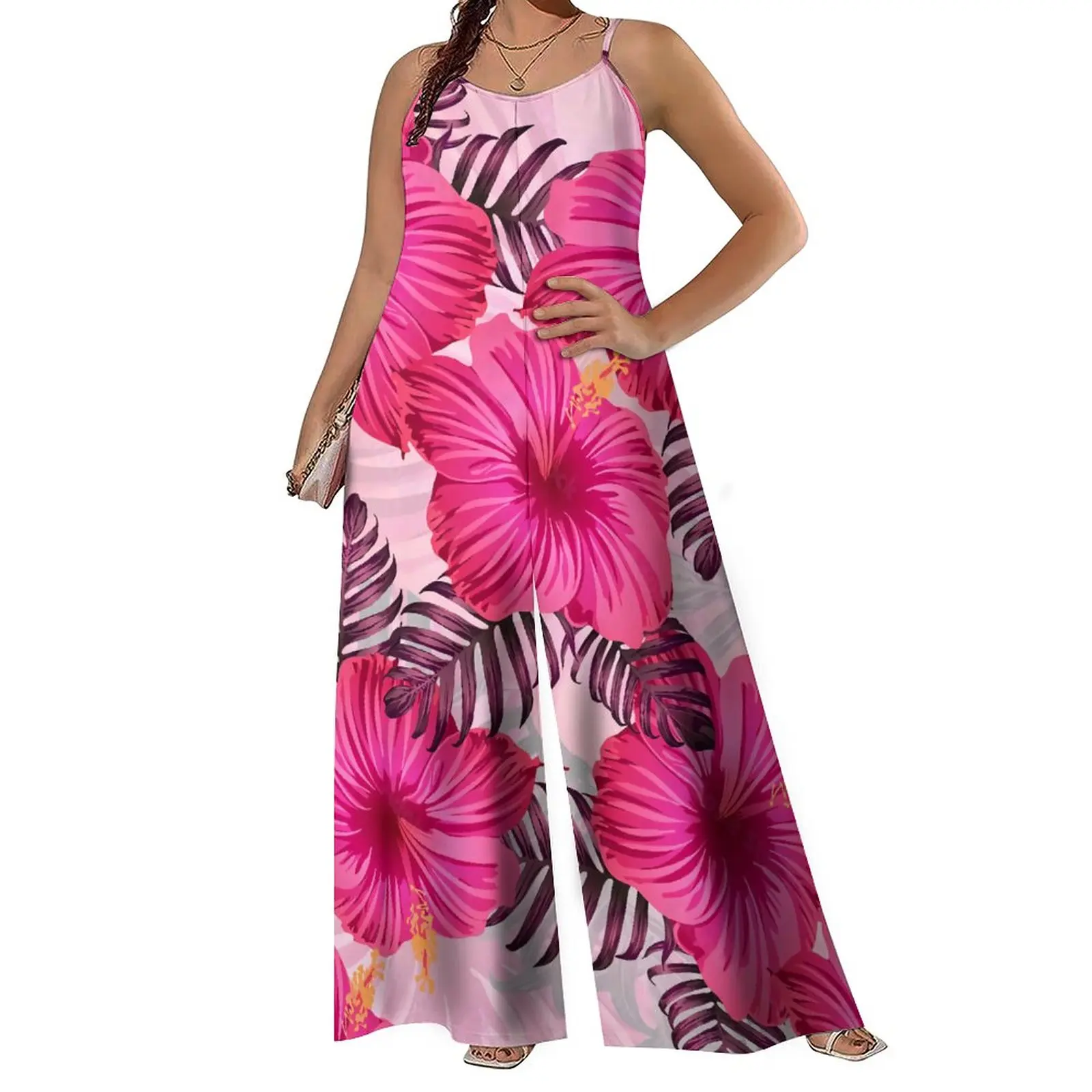 

Newest Hibiscus HD Print Low Price Spaghetti Strap Sleeveless Lady Wide Leg Rompers Polynesian Sublimation Print Samoan Jumpsuit