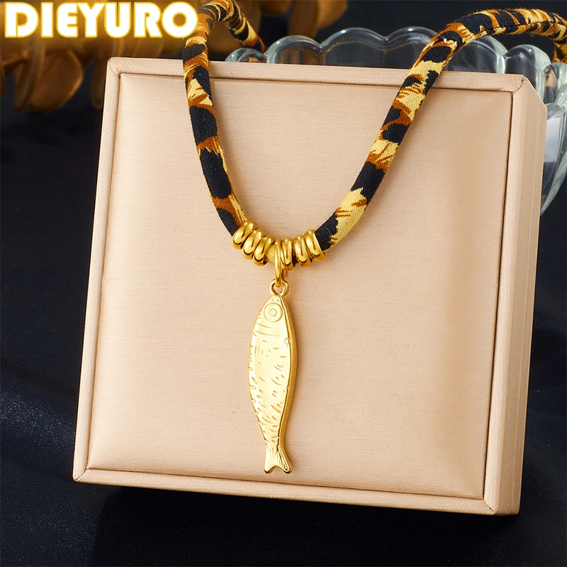 

DIEYURO Stainless Steel Golden Abstracto Animal Fish Pendant Vintage Trend Leopard Print Necklace Lady Waterproof Jewelry
