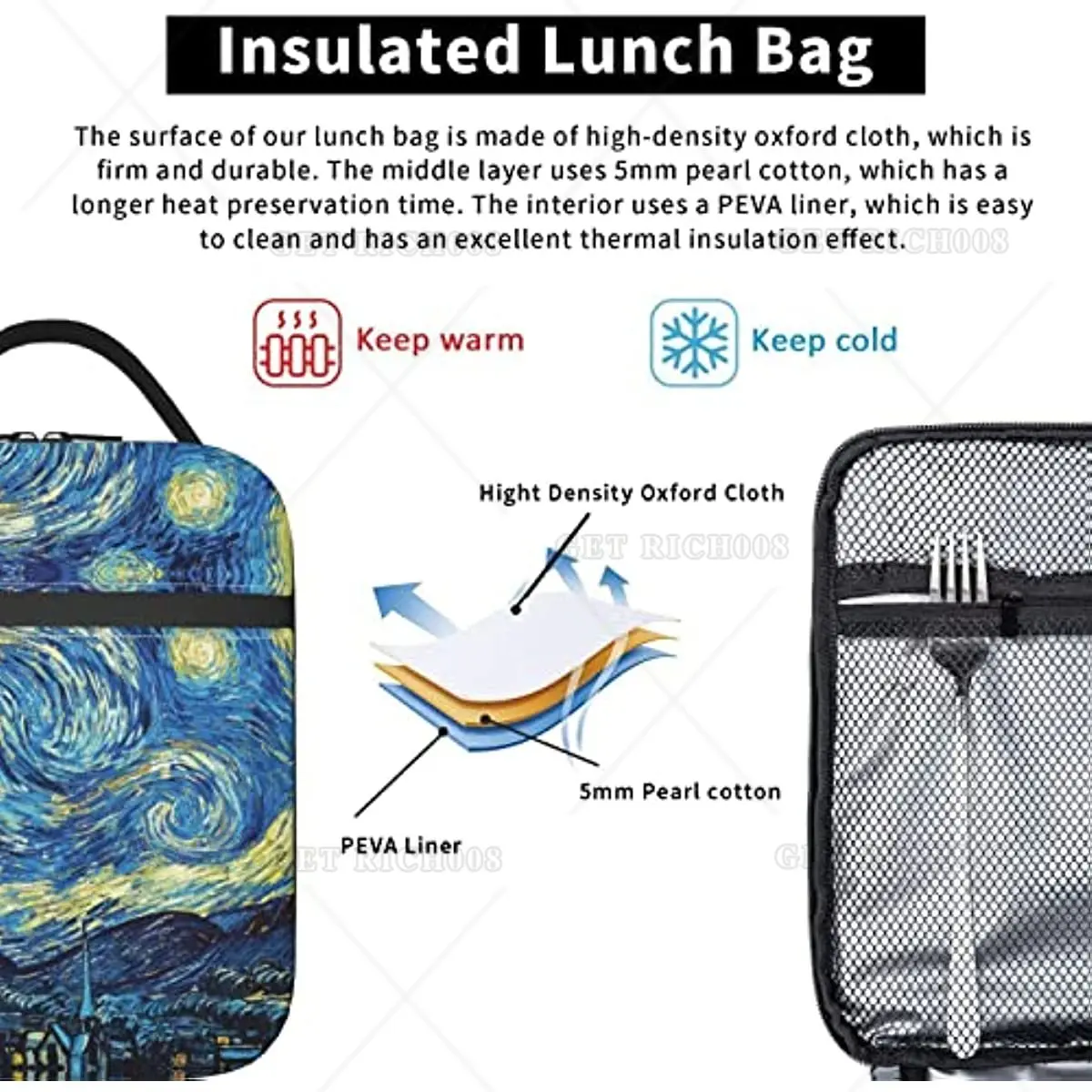 Van Gogh Starry Sky Night Oil Painting Lunch Bag Insulated Portable Reusable Lunch Box with Zipper for Women Men Picnic Beach