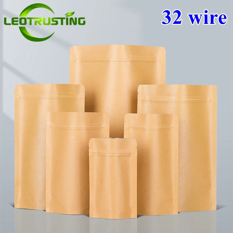 50PCS 32Wire Resealable Kraft Paper Zipper Packaging Bags Stand up Thicken Coffee Beans Oilproof Spice Tea Beaf Storage Pouches