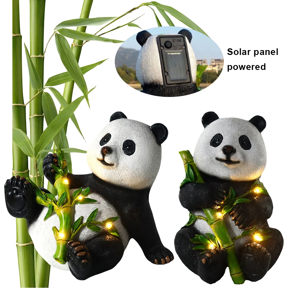 

Panda Statue Solar Light Resin Bamboo Statues Waterproof Cute Sculptures Figurine for Porch Desk Patio Balcony Yard Ornament