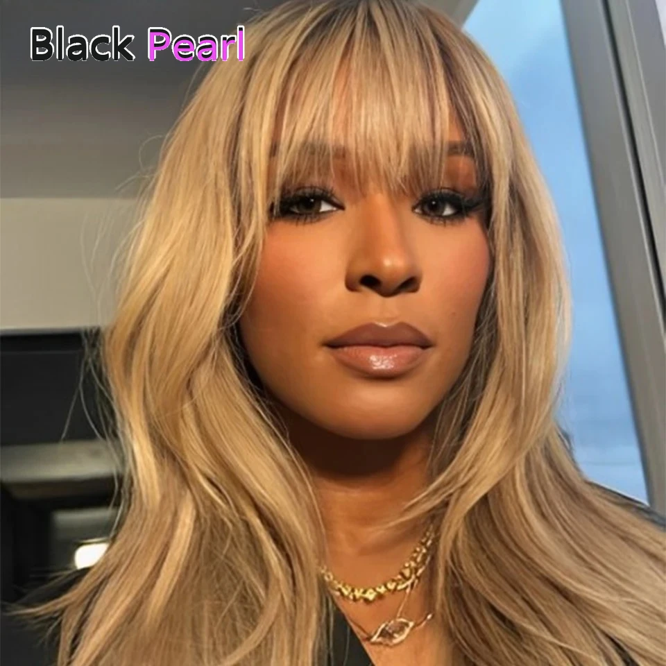 

Black Pearl Short Blonde Bone Straight Bob 100% Human Hair Wigs With Bangs For Women Brazilian Remy Hair Full Machine Made Wigs