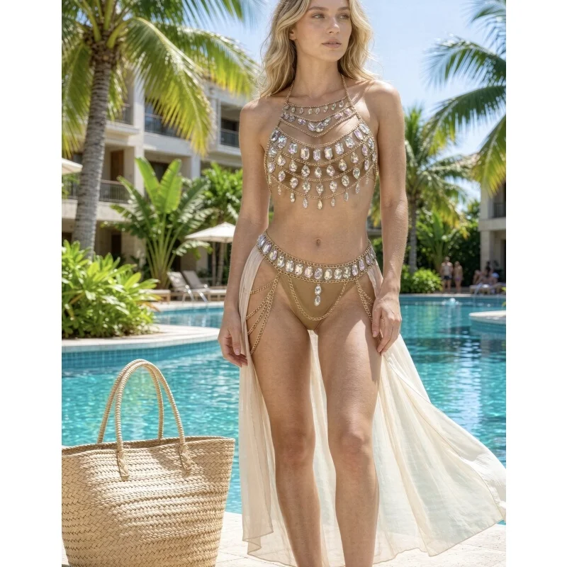 Böhmisches Kristall-Edelstein-Körperketten-Set, Neckholder-Oberteil ohne Ärmel, Taillenkette für Damen, Strand-, Rave-, Festival- und Partykleidung, Dropshipping – Detail 2