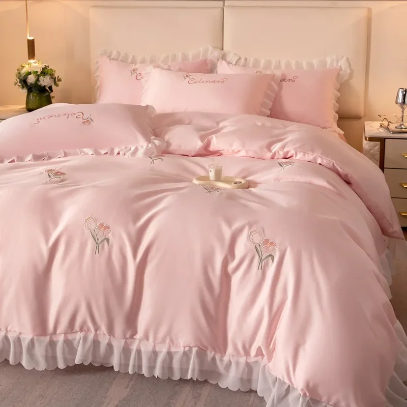 Summer Ice Silk Four Piece Set Tencel Bed Sheet Bedding Set Slippery Bare Sleeping Girl Princess Style Silk