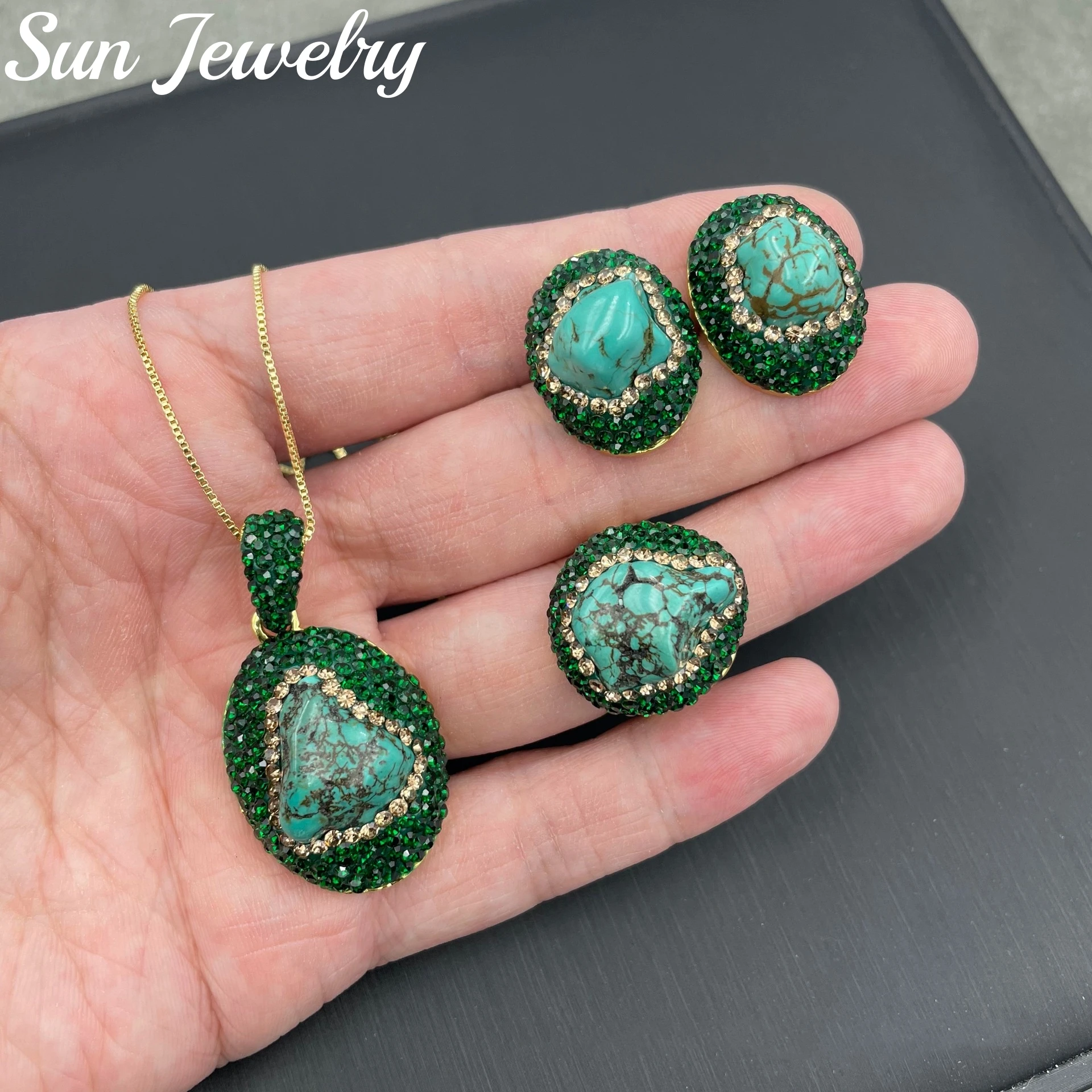 Natural High Quality Turquoise Necklace Earrings Ring Set High Quality Crystal Jewelry Set Elegant Luxury Party Jewelry Women