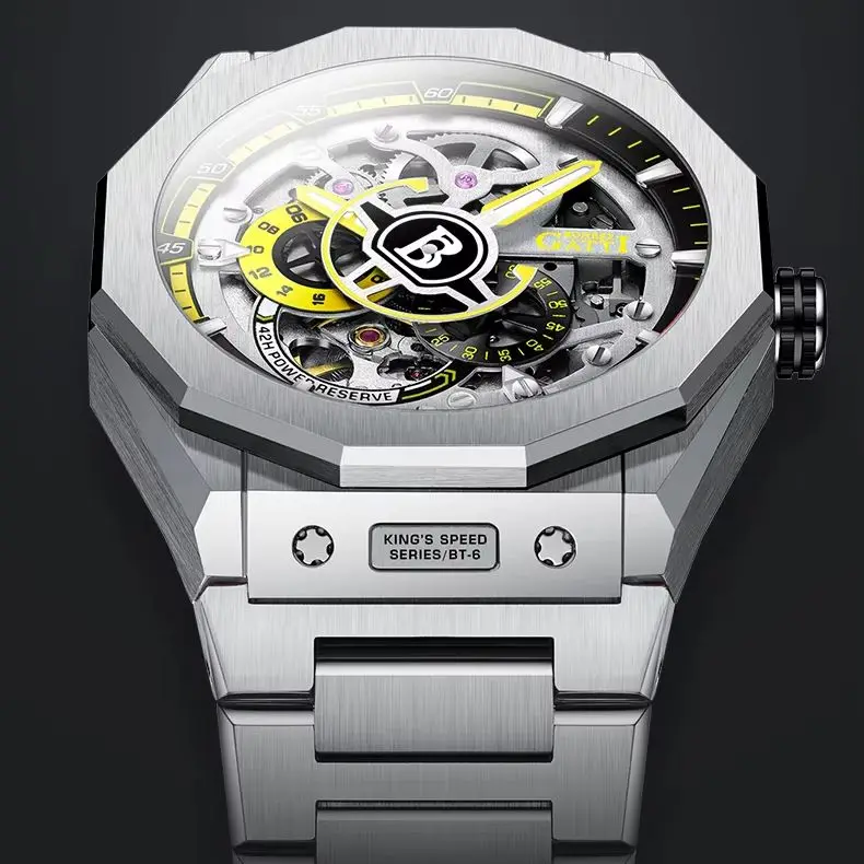 

BONEST GATTI Мужские автоматические часы 42 мм Механические наручные часы с полым циферблатом 50 м Водонепроницаемый светящийся сапфировый стальной ремешок