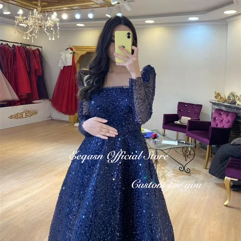 Glitter Midi Evening Dresses Arabic Women Long Sleeves Tea Length Dubai Arabic Wedding Prom Gowns Formal Occasion Customized