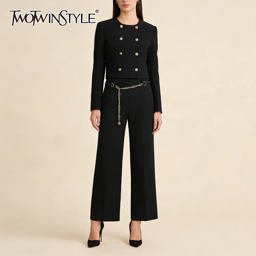 

TWOTWINSTYLE Элегантный черный костюм для женщин, укороченный двубортный пиджак, широкие брюки, комплект из двух предметов для деловых встреч