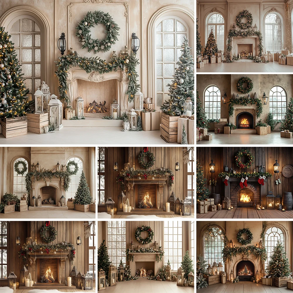 

Photography Background Christmas Tree Garland Fireplace Room Decoration Backdrop Family Holiday Portrait Studio Prop