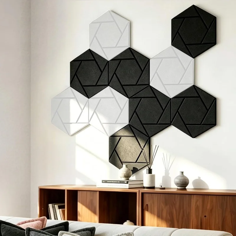 Polyester Fiber Black Hexagon Self‑Adhesive Acoustic Felt Panels Sound Absorbing Wall Tiles Soundproof Panel for Studio Office