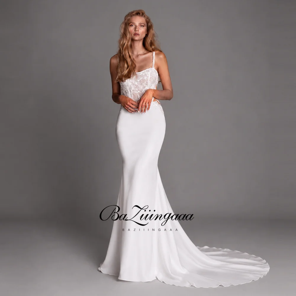 

Elegant Wedding Dresses Chiffon Square Collar Back Zipper Design Court Train Sleeveless Mermaid Bride Church Wedding