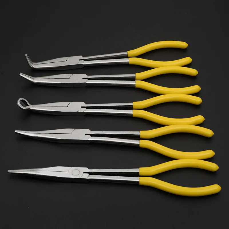 

5PCS Extended Pointed Nose Pliers 11 Inches Long Handle Curved Nose Pincers Angle Jaw Tongs