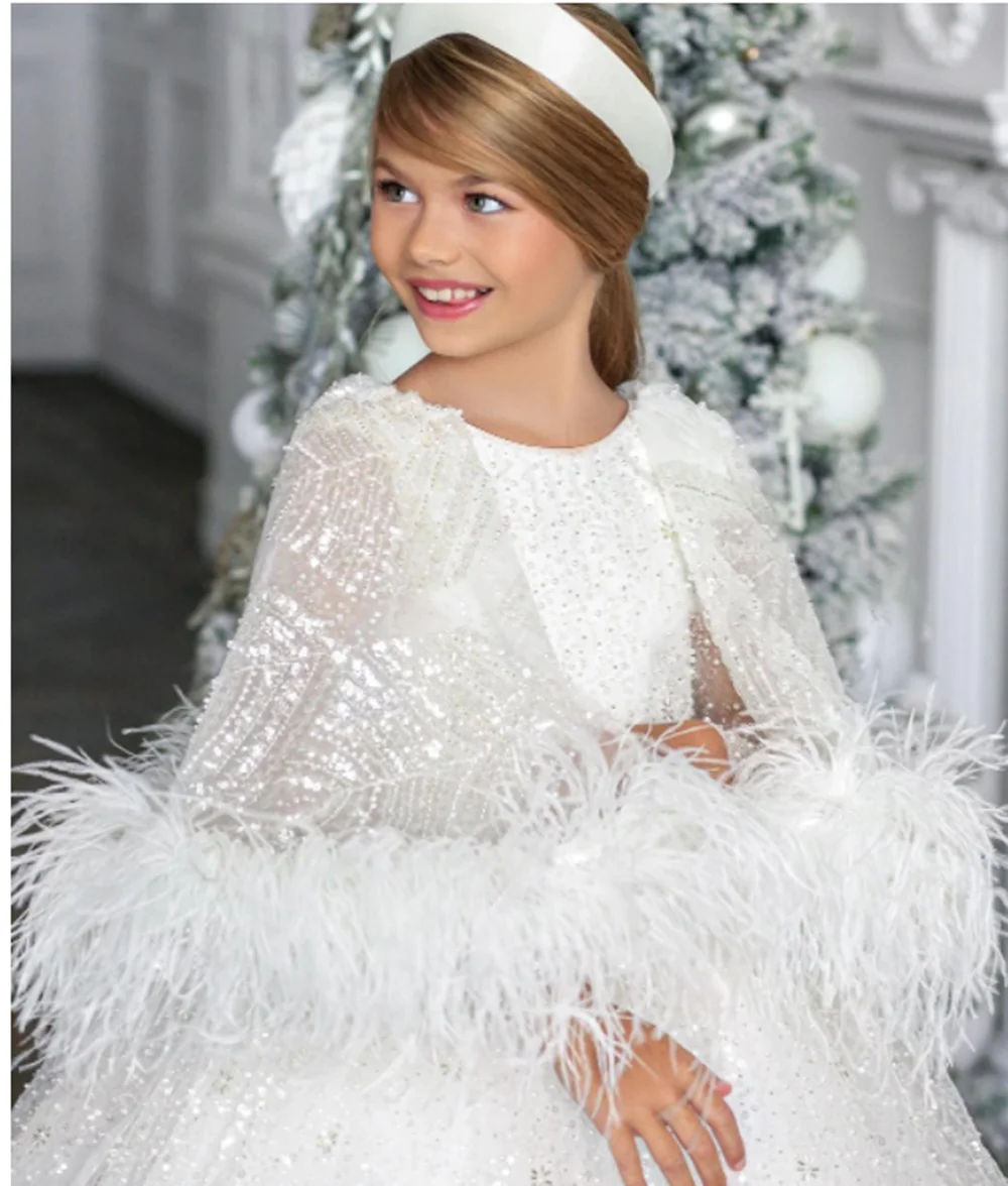 Puffy Feather 3D farfalle Flower Girl Dresses Wedding Kids Party Birthday Ball Gown First Kids comunione Pageant Clothes