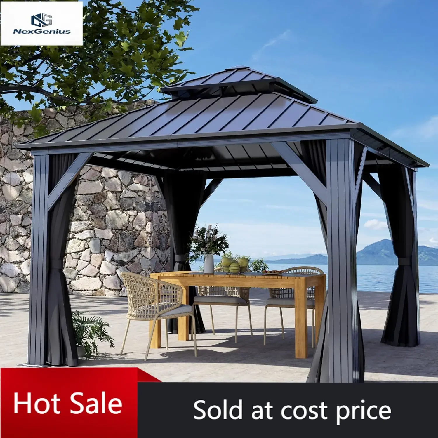 

10 X 10ft Hardtop Gazebo, Galvanized Steel Double Roof Gazebo with Nettings and Curtain Outdoor Aluminum Frame Vertical Stripes