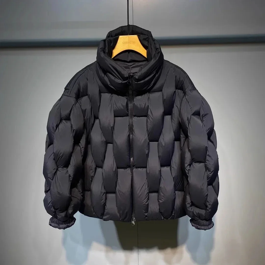 

Pop Pop Winter Parkas Padded Jacket Men Fashion Designer Square Weave High Collar Warm Coat Man Black Loose Puffer Bubble Jacke