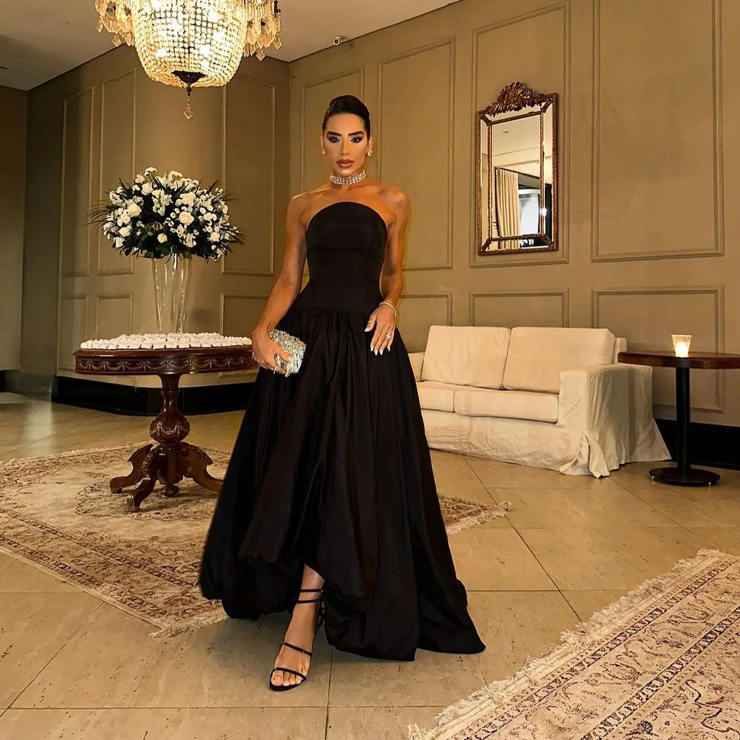 Aenyrst elegante personalizado preto vestido de baile sem alças voltar zíper festa vestido de noite até o chão uma linha vestidos de ocasião formal