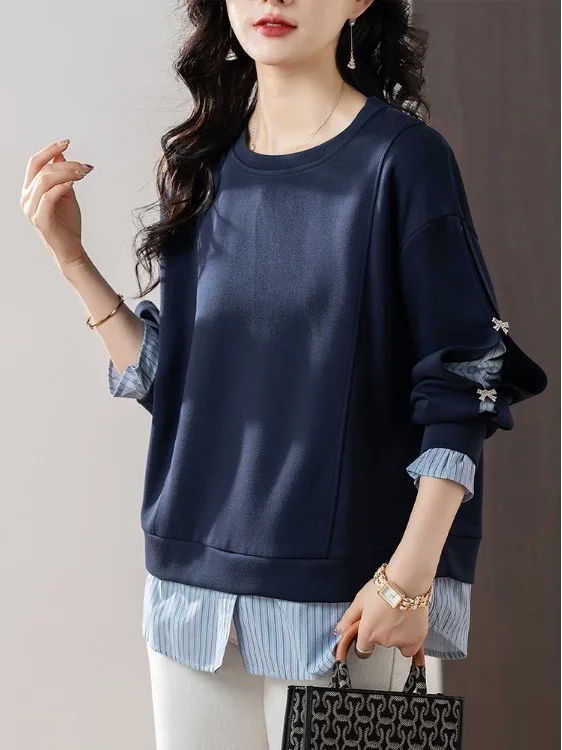 เสื้อสเวตเชิ้ตแบบลำลอง ดีไซน์สองชิ้นหลอกๆ  ทรงหลวม แขนยาว คอกลม  ใส่สบายๆ  สำหรับฤดูใบไม้ร่วง ปี 2025  เหมาะสำหรับใส่ไปทำงาน  ผ้าบางเบา