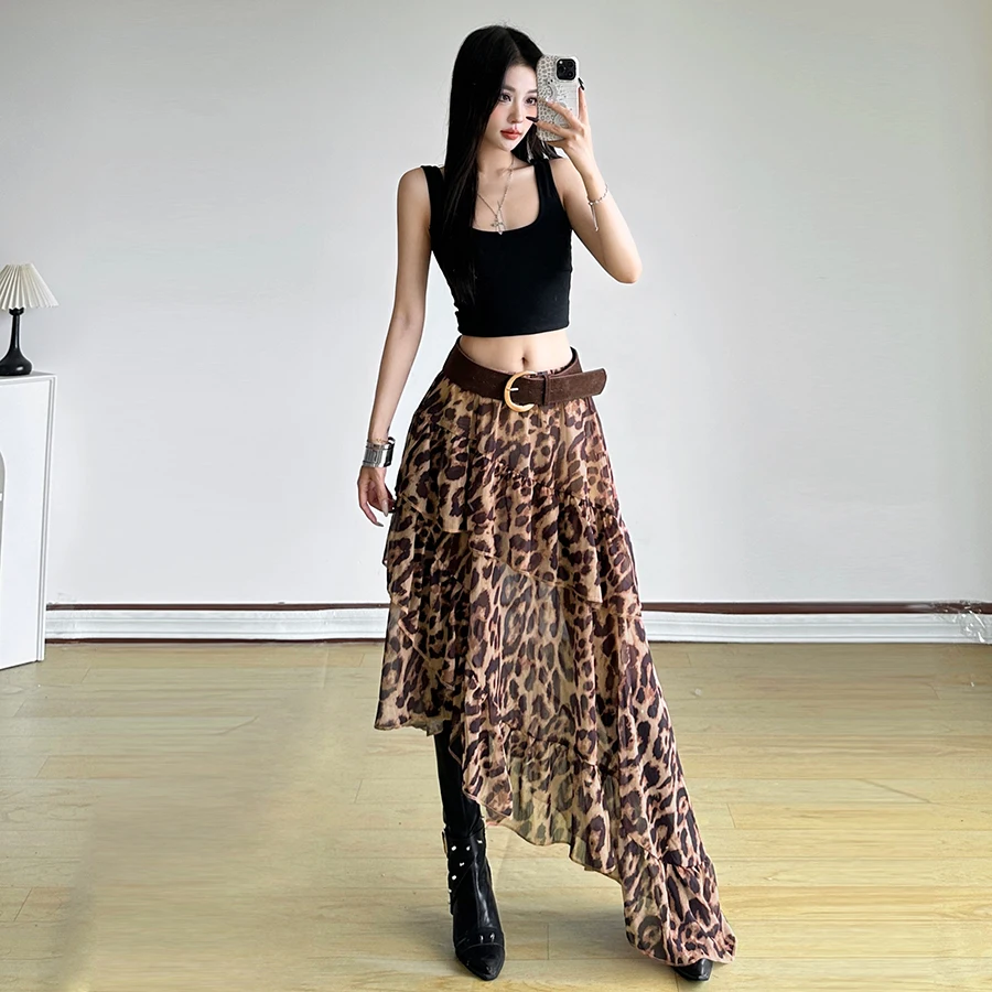 กระโปรงยาวลายเสือดาวทรงเอวสูง ดีไซน์จับจีบเป็นชั้นๆ สไตล์สาวฮอต แฟชั่นสตรีท ลุคเท่ๆ คลาสสิก