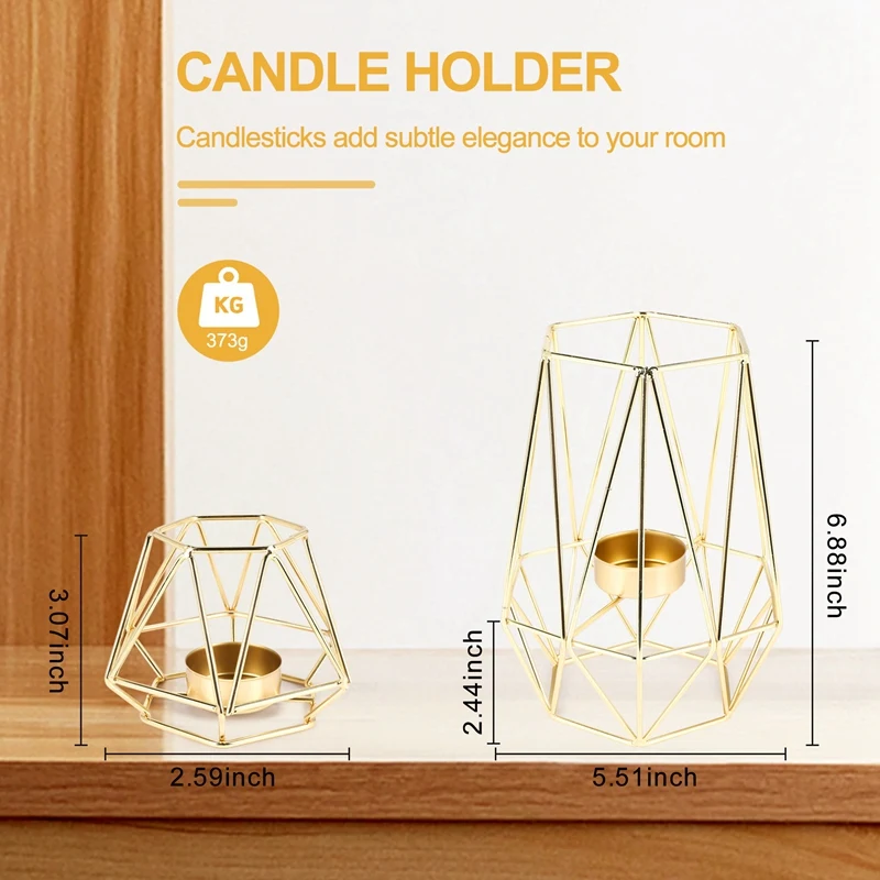 N85R-거실 및 욕실 장식용 금 기하학 금속 티라이트 캔들 홀더 2개 세트 - 결혼식 및 D용 중앙 장식품