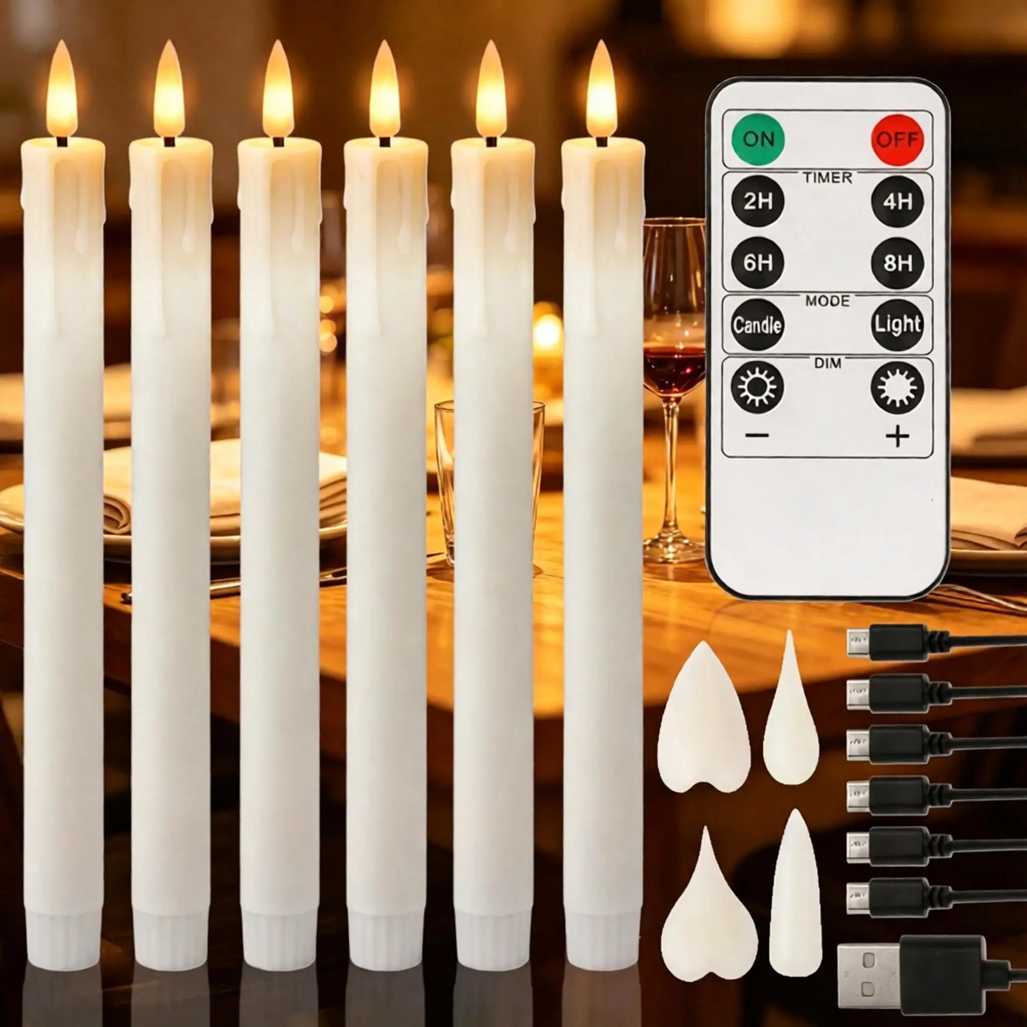 Rechargeable Flameless LED Taper Candles 6Pc Plastic Lamp with Changeable Head Timer Remote Flickering Dripping Wax Window Tall Candles