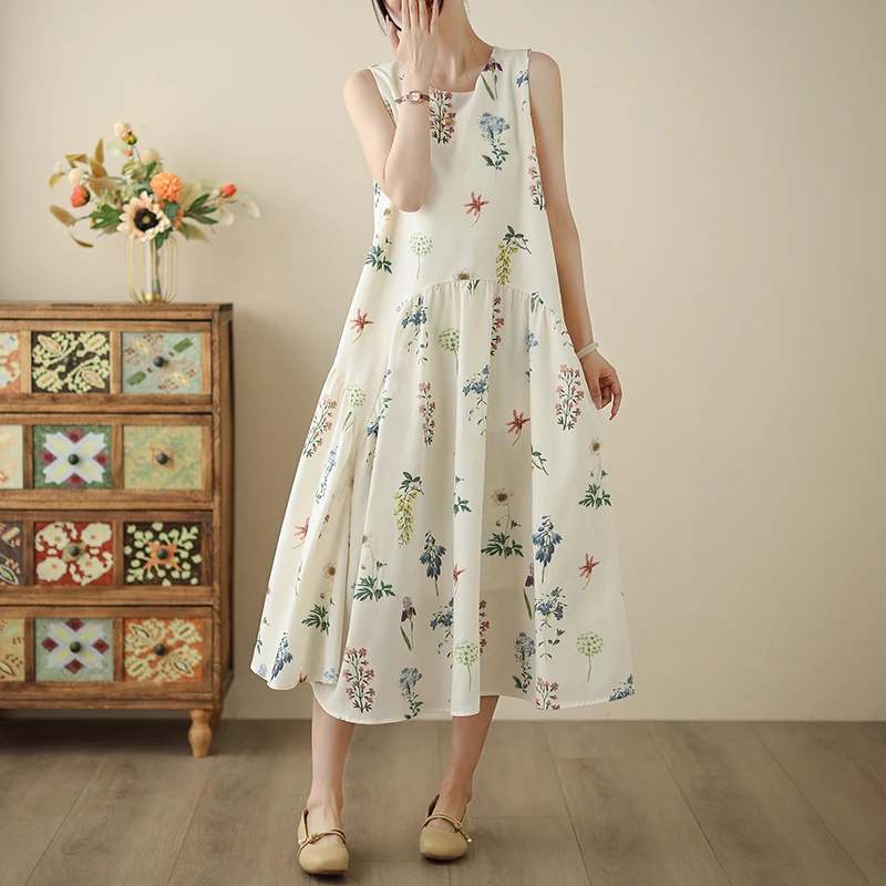 Verano Chic moda estampado chaleco suelto vestido largo de mujer Boho Casual playa