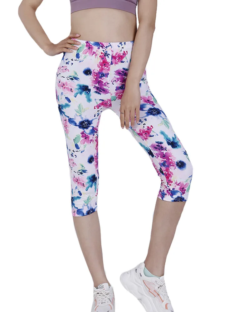 LJCUIYAO-Leggings de cintura alta para mujer, pantalones Capri estampados de verano, ajustados, elásticos, informales, a media pantorrilla, ropa suave con flores