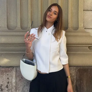 Women's Short-Sleeve Summer Blazer 5 Ladies Commute Short Sleeve Blazer Women Summer Elegant Stand-up Collar Short Blazer New Trendy High Street Casual Blazer Female 5