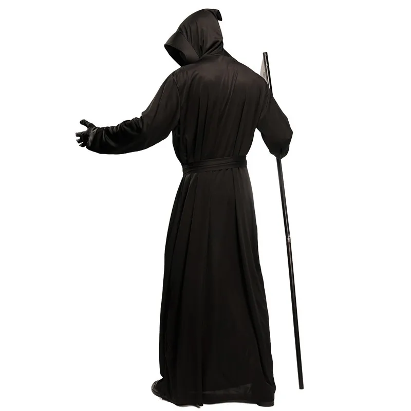 Men Black Death Robe Cosplay Adult Halloween Hell Devil Demon Scary Costumes Carnival Purim Parade Role Play Showing Party Dress