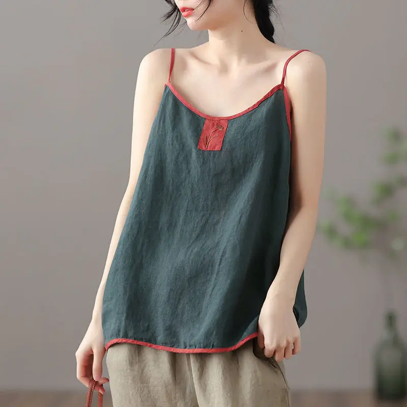 

Women Cotton Linen Tanks & Camis Vintage Harajuku Chic Tops Lady Embroidered Vest Sleeveless Bottoming Sling Camis