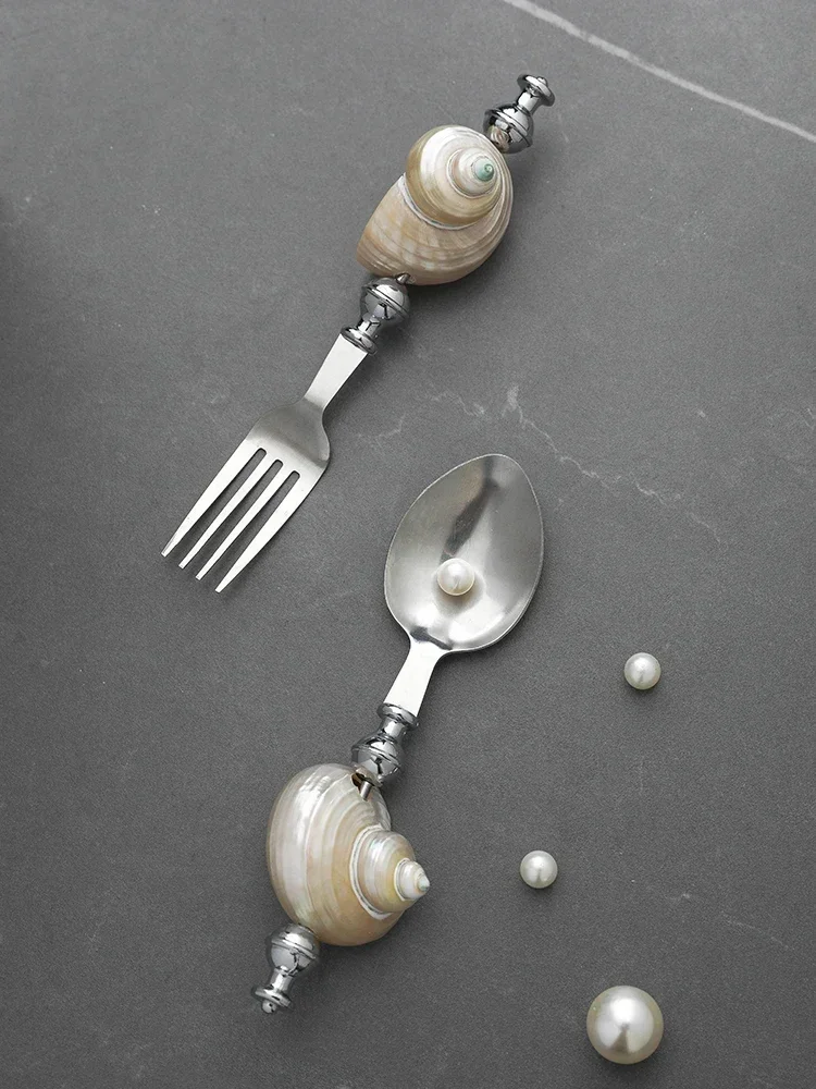 Light Luxury Natural Conch Shell Dessert Fork Stainless Steel Flatware Spoon Kitchen Utensils Set Home Tableware