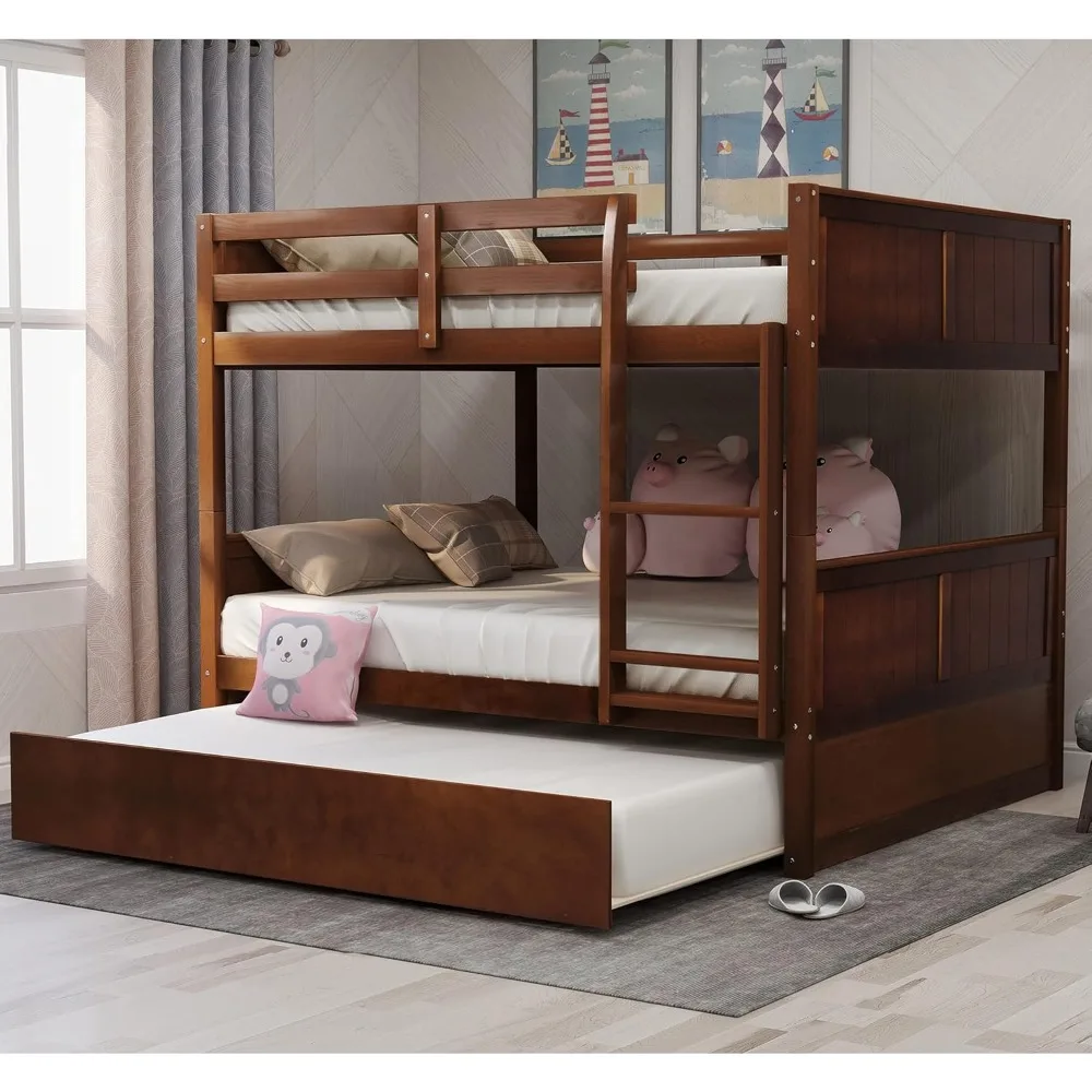 

Full Over Full Bunk Bed with Trundle, Solid Wood Bunk Beds with Full-Length Safety Guard Rail and Ladder