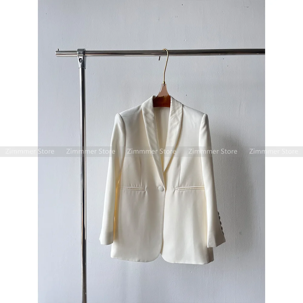 2024 Early spring new light luxury heavy weight silk wool white high quality simple minimalist blazer