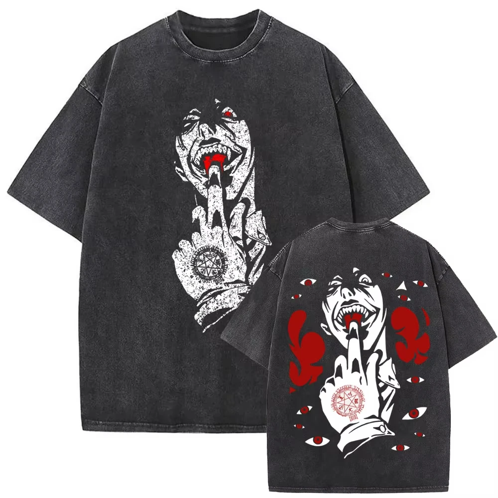غسلها خمر أنيمي Hellsing أبراهام فان هيلسينج مصاص دماء Alucard مزدوجة الوجهين طباعة تي شيرت الرجال 90s مانغا المتضخم تي شيرت #3