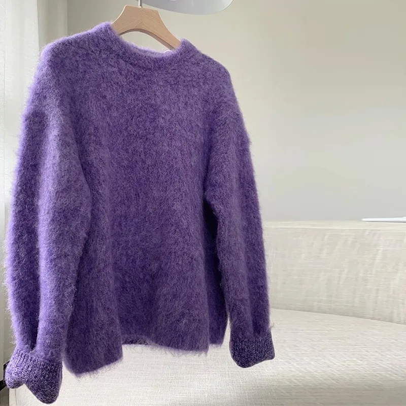 

High Quality Purple Soft Mohair Knitted Sweater New Lazy Chic Autumn Winter Women O Neck Thick Warm Oversize Loose Pullover Tops