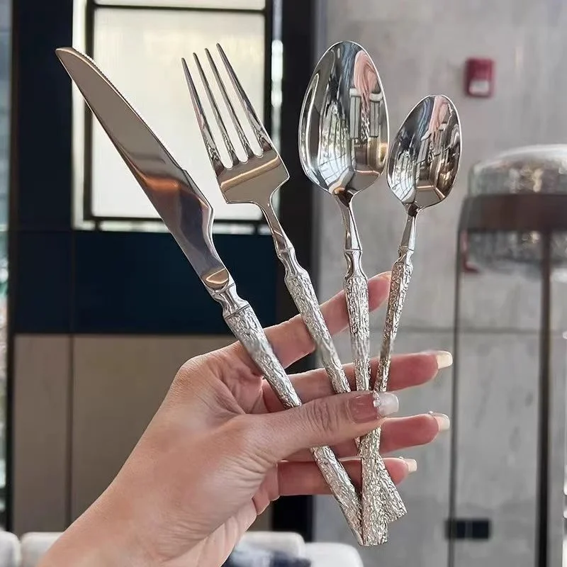 24pcs Stainless Steel Cutlery Set, Silverware Forks and Spoons, Including Western Forks and Soup Spoons, with Elegant Tree-Patte