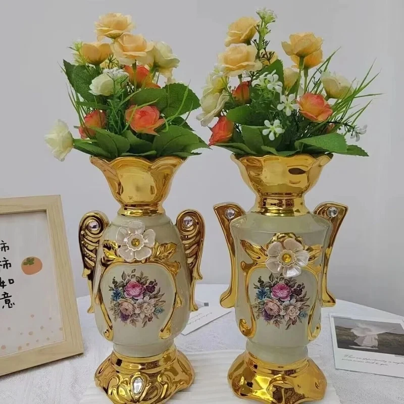 Pozłacane matowe waza porcelanowa w stylu Vintage zaawansowane wazon na kwiaty ceramiczne do dekoracja ślubna do domu pokoju do przedpokoju