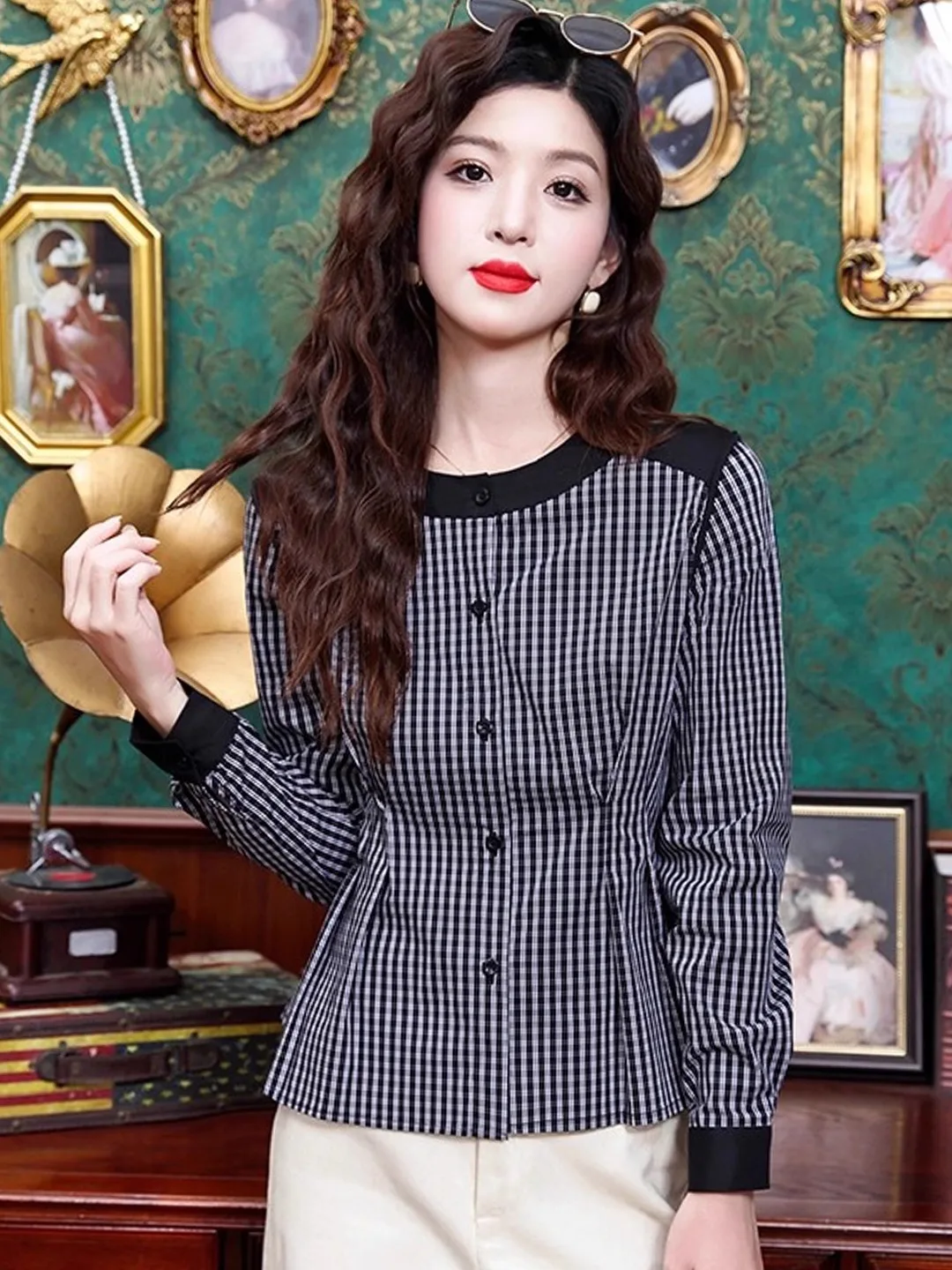

Retro Plaid Splicing Long Sleeve Shirt Women's Autumn New Style Slim Fit Shirt Casual Style Gathered Waist High Quality Top