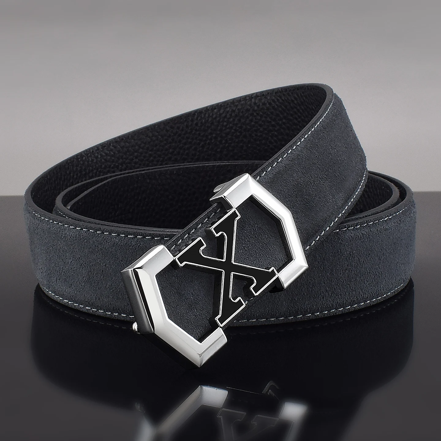 High quality ostrich pattern designer gray belts men genuine leather fashion letter X slide buckle 3.8cm wide ceinture homme