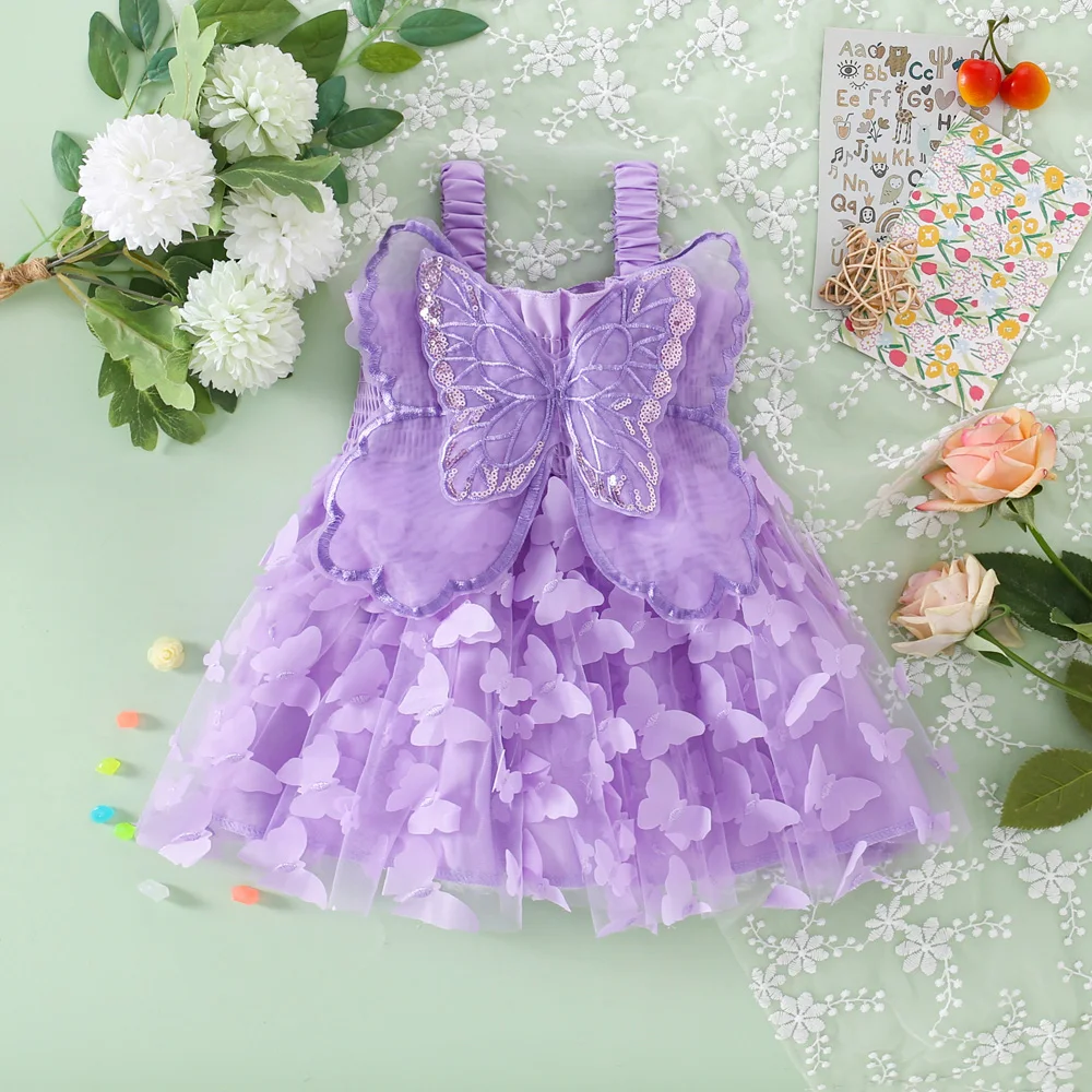 Summer Beach Birthday Party Baby Girl Princess Dress For Young Children 3d Fairy Butterfly Wings Suspender Mesh Cute Dress