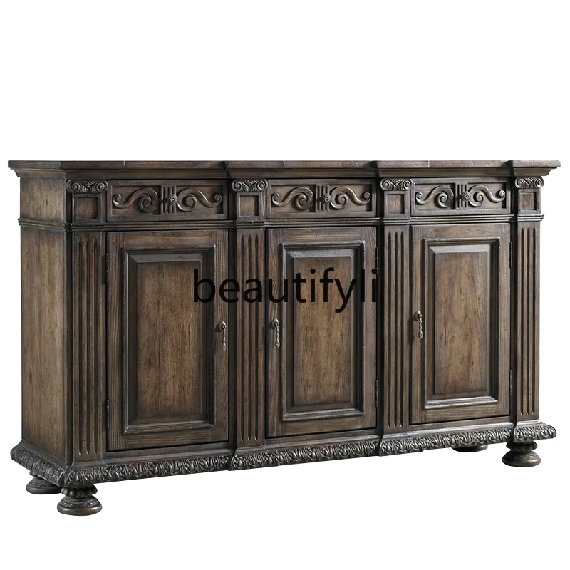 

American country villa dining side cabinet oak carving retro storage storage cabinet solid wood antique furniture