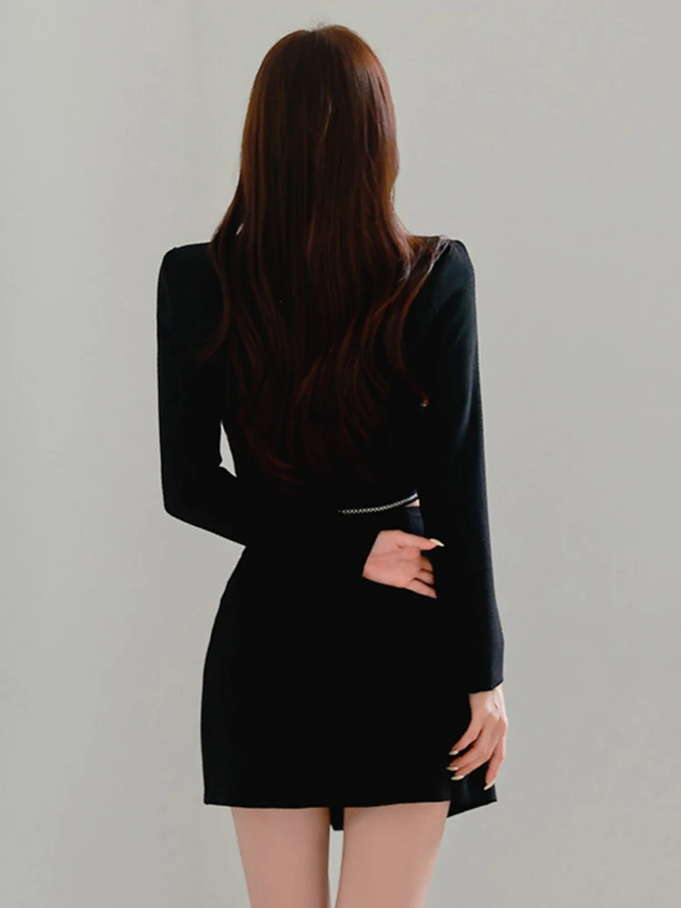 Femmes vêtements formel noir 2 pièces tenue costumes décontracté revers hauts manteau Blazer costume taille haute a-ligne court mince ensemble trajet nouveau