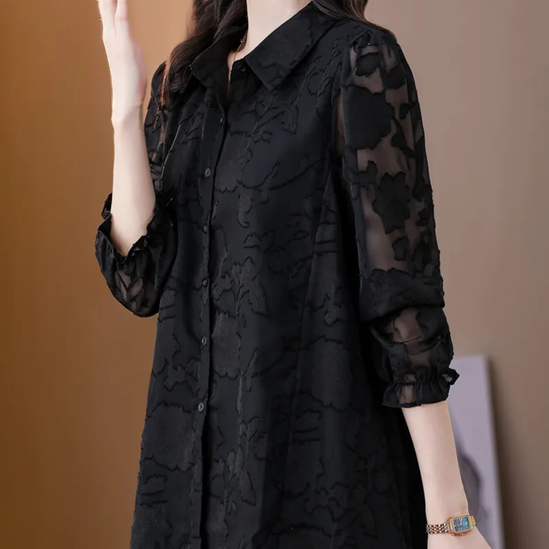 #2537 Spring Black Chiffon Shirt Women Long Sleeve Mid-length Women Tops And Blouses Turn-down Collar Office Shirt Female Loose