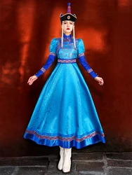 Mongolian Costume Cos Traditional Costume Performance Robe Large Skirt Hem Blue Dress Long Sleeved Ethnic Minority Style Dress