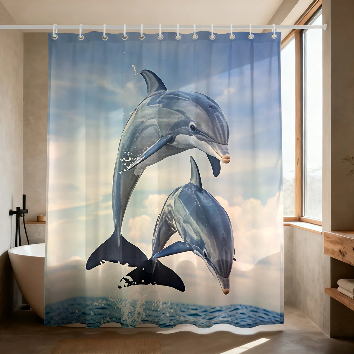 Realistic Two Leaping Dolphins Over Blue Sea Sky Clouds Pattern Bath curtain Cozy Plush Bedspread Portable