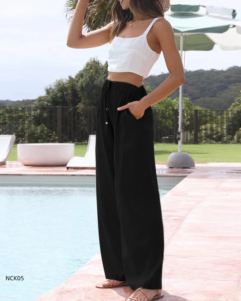 سراويل نسائية واسعة الساق للكاحل، سراويل صيفية غير رسمية بلون سادة وخصر مطاطي فضفاض من القطن والكتان، سراويل نسائية للربيع والصيف