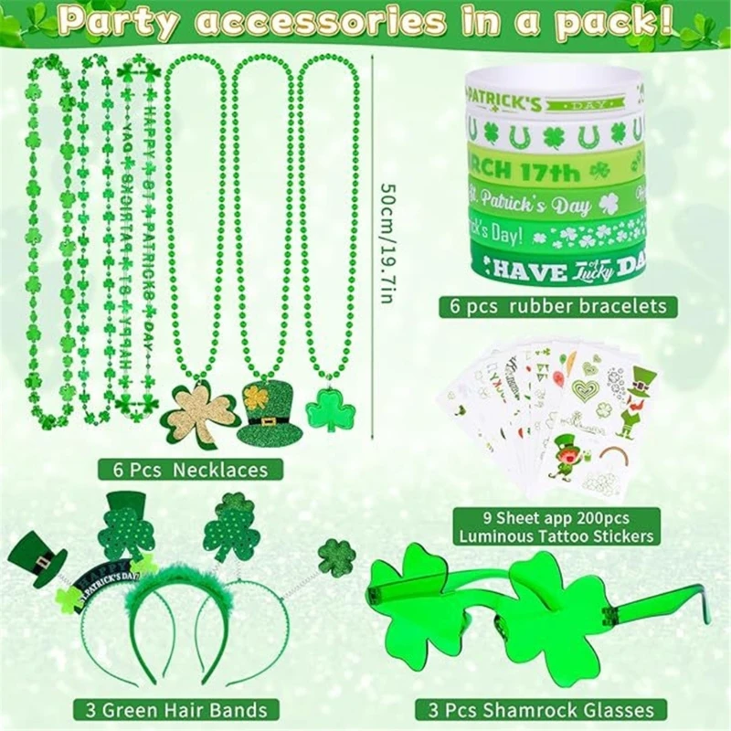 Zestaw akcesoriów do przebierania się na dzień Świętego Patryka Party Favor Shamrock okulary naszyjnik Shamrock naklejki DXAA