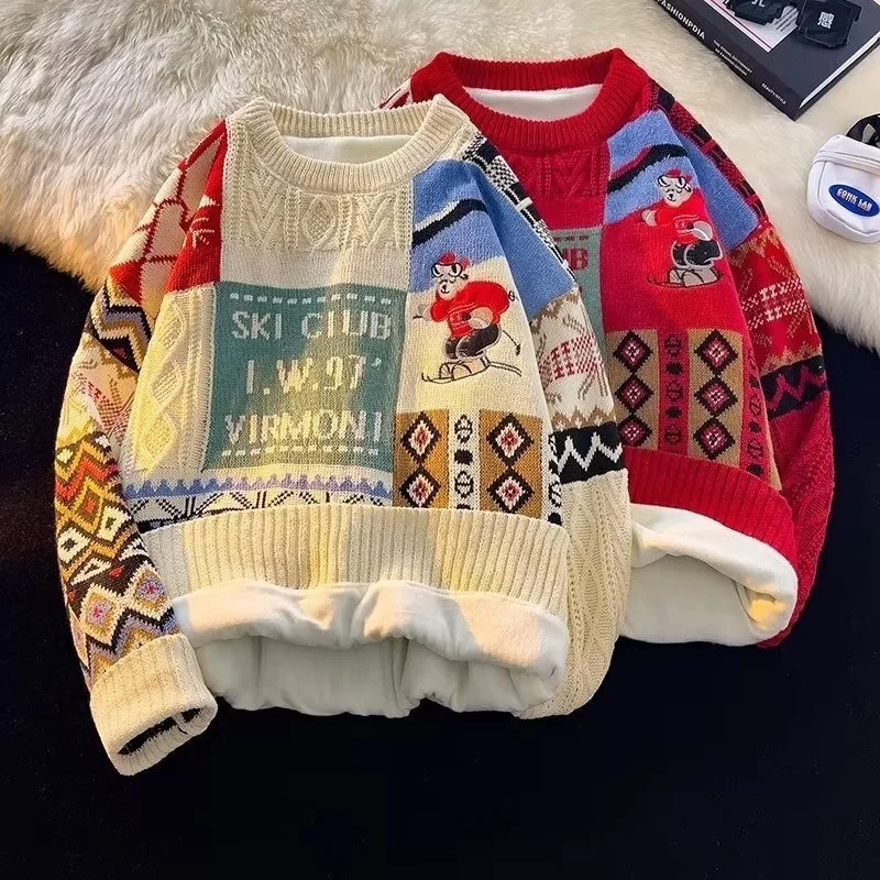 

Thiened Fce Knitted Sweater for Men Cisas New Year Warm Outerwear Casual Sle Couple Bear Pattern Long Sve Crew ...